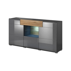 Toledo 26 Sideboard Cabinet in Grey Gloss - Chic Storage with Soft-Closing Doors & Glass Shelf - W1590mm x H830mm x D390mm