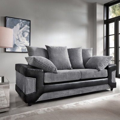 Toledo 3 Seater Grey Jumbo Cord Sofa With a Modern Black Leather Trim