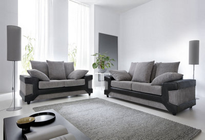 Toledo 3 Seater Grey Jumbo Cord Sofa With a Modern Black Leather Trim