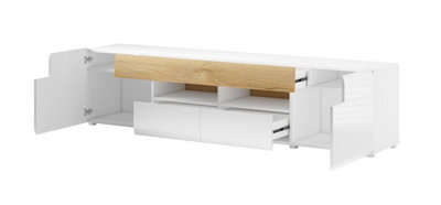 Toledo 40 TV Cabinet in White and Oak San Remo - Sleek Gloss Finish with Cable Management - W2080mm x H480mm x D390mm