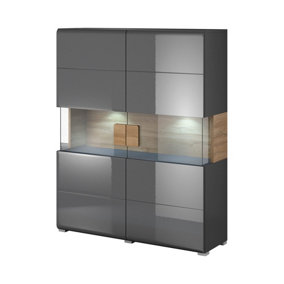 Toledo 42 Display Cabinet - Bold Grey Gloss & San Remo Oak Sophistication with LED Lighting Option - W1220mm x H1520mm x D390mm