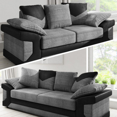 Toledo 5 Seater Grey Jumbo Cord 3+2 Sofa Set With a Modern Black Leather Trim