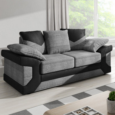 Toledo 5 Seater Grey Jumbo Cord 3+2 Sofa Set With a Modern Black Leather Trim