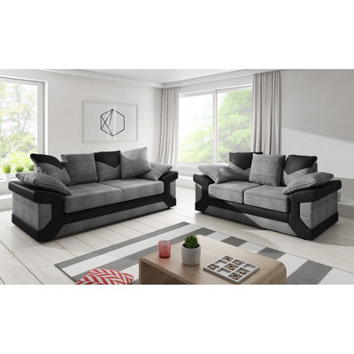 Toledo 5 Seater Grey Jumbo Cord 3+2 Sofa Set With a Modern Black Leather Trim