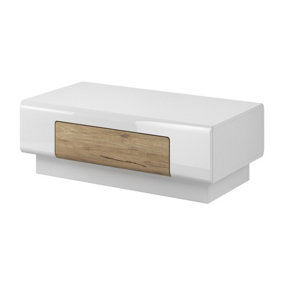 Toledo 99 Coffee Table in White and Oak San Remo - Elegant Gloss Finish & Oak Drawer - W1100mm x H390mm x D600mm