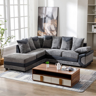 Toledo L Shape Corner Grey Jumbo Cord Sofa With a Modern Black Leather Trim - Left Hand Facing Chaise