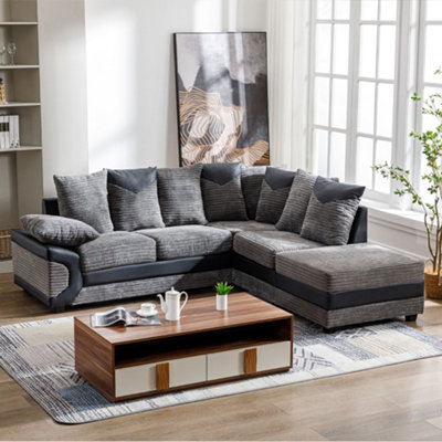 Toledo L Shape Corner Grey Jumbo Cord Sofa With a Modern Black Leather Trim - Right Hand Facing Chaise