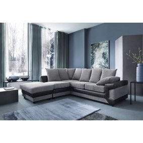 Toledo L Shape Corner Grey Jumbo Cord Sofa With a Modern Black Leather Trim