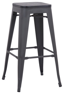 Tolix Breakfast Bar Stool, Fixed Black Legs And Footrest, Easy Clean, Home & Kitchen Barstool, Grey Darkwood