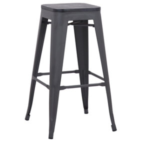 Tolix Breakfast Bar Stool, Fixed Black Legs And Footrest, Easy Clean, Home & Kitchen Barstool, Grey Darkwood