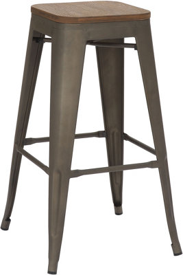 Tolix Breakfast Bar Stool, Fixed Black Legs And Footrest, Easy Clean, Home & Kitchen Barstool, Rustic Wooden Brown