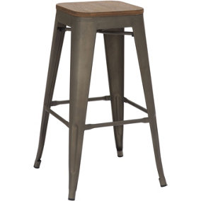 Tolix Breakfast Bar Stool, Fixed Black Legs And Footrest, Easy Clean, Home & Kitchen Barstool, Rustic Wooden Brown