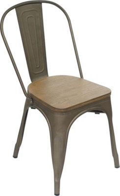 Tolix Single Kitchen Chair, Fixed Grey Legs And Back Rest, Easy Clean, Dining Room Chair, Rustic Wooden Brown