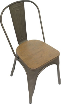 Tolix Single Kitchen Chair, Fixed Grey Legs And Back Rest, Easy Clean, Dining Room Chair, Rustic Wooden Brown