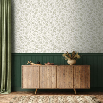 Tongue And Groove Floral Toile- Forest (10m Wallpaper)