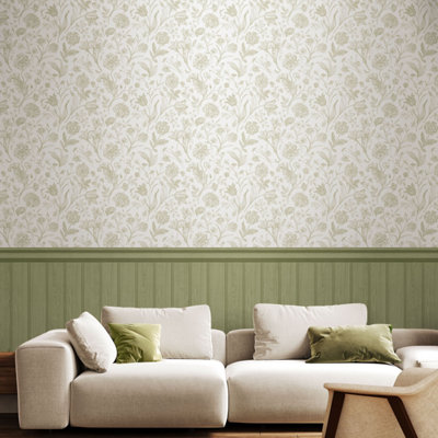 Tongue And Groove Floral Toile- Sage (10m Wallpaper)