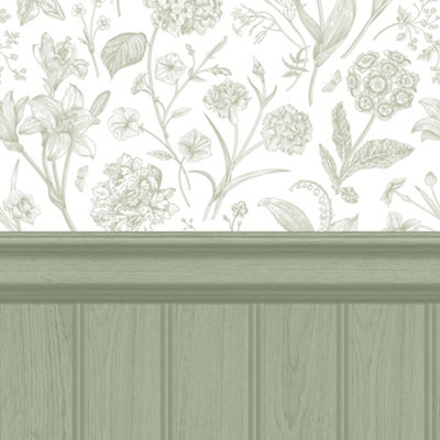 Tongue And Groove Floral Toile- Sage (10m Wallpaper)