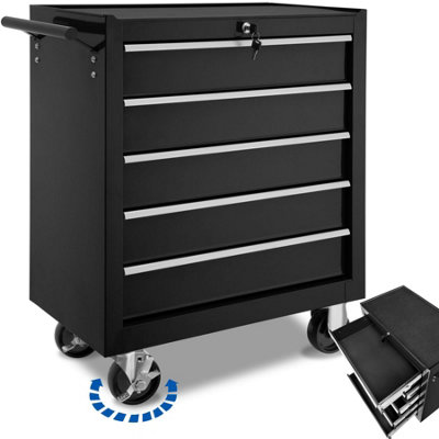 Tool Box - with wheels, 5 drawers, central locking system - black