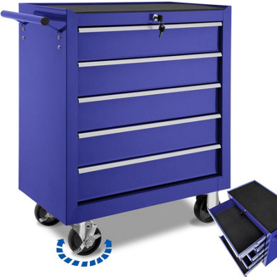 Tool Box - with wheels, 5 drawers, central locking system - blue