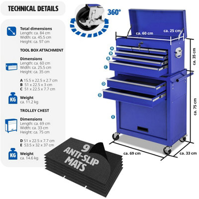 Tool Chest - 8 drawers, 4 wheels, multiple layouts, lockable  - blue