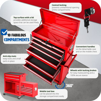 Tool Chest - 8 drawers, 4 wheels, multiple layouts, lockable  - red