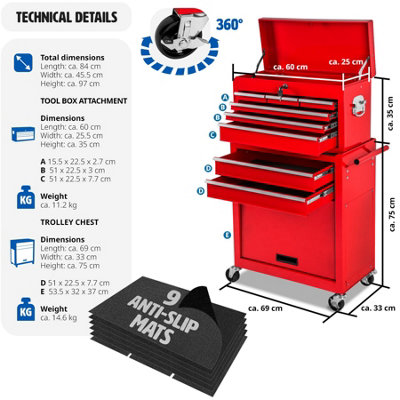 Tool Chest - 8 drawers, 4 wheels, multiple layouts, lockable  - red