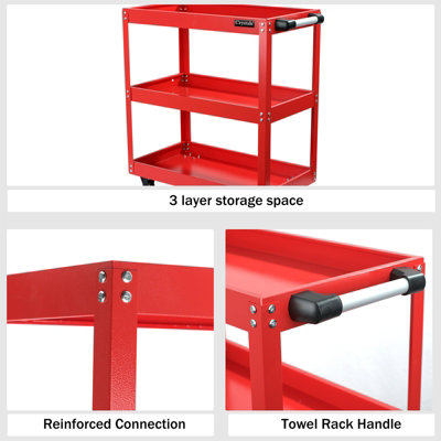 Heavy Duty 3-Tier Garage Storage Trolley, Red/Black Steel Workshop Cart With Wheels