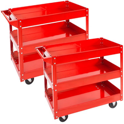 Tool Trolley Set of 2 - with 3 shelves, wheels, push handle - red