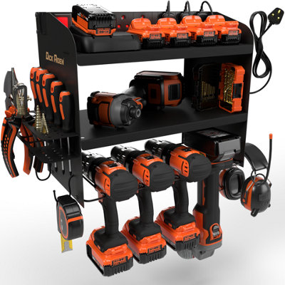 Toolganize Power Tool Organiser, Storage Rack with Power Strip Charging ...