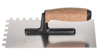 Toolty Stainless Steel Adhesive Notched Trowel with Cork Handle on Polyamide Foot 270mm 10x10mm for Tiling Plastering Rendering