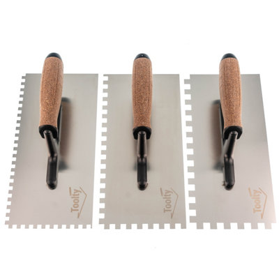 Toolty Stainless Steel Adhesive Notched Trowel with Cork Handle on Polyamide Foot 270mm Set 3PCS for Tiling Plastering Rendering