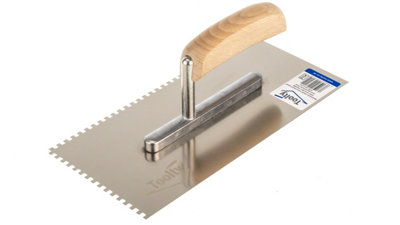 Toolty Stainless Steel Adhesive Notched Trowel with Wooden Handle 270mm 4x4mm for Tiling Plastering Rendering DIY