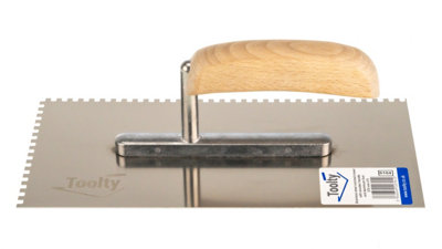 Toolty Stainless Steel Adhesive Notched Trowel with Wooden Handle 270mm 4x4mm for Tiling Plastering Rendering DIY