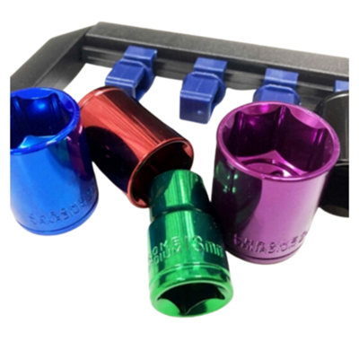 Toolzone 1/2" Drive Metric Socket Set 10 Pc Multi Coloured with Rail 13 - 24mm
