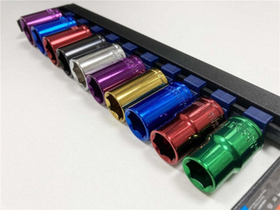 Toolzone 1/2" Drive Metric Socket Set 10 Pc Multi Coloured with Rail 13 - 24mm