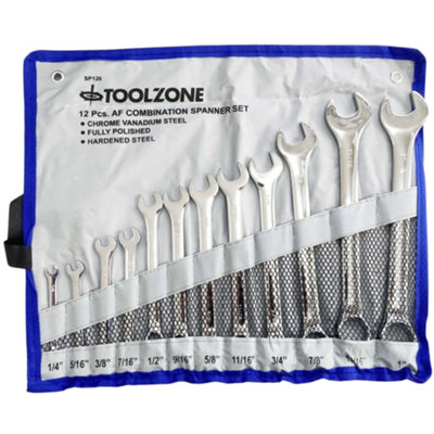 Toolzone 12pc AF Combination Spanner Set, Chrome Vanadium, Satin Finish