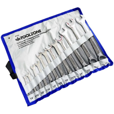 Toolzone 12pc AF Combination Spanner Set, Chrome Vanadium, Satin Finish