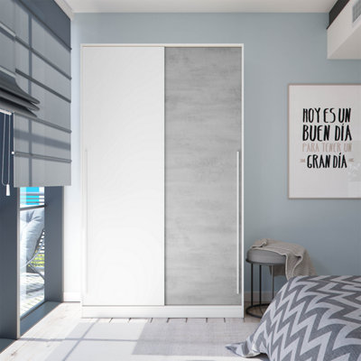 TOP 2 Door Sliding Wardrobe - White & Grey Concrete Effect (H)200cm (W)120cm (D)50cm