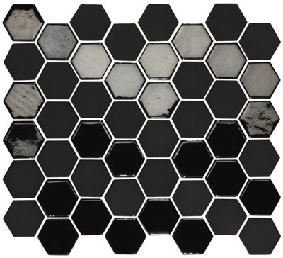 Top Ceramics Black Hexagon Mosaic Tile Mix. High Gloss / Matt (L)330 x (W)298mm