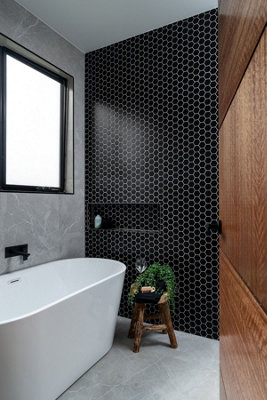 Top Ceramics Black Hexagon Mosaic Tile Satin (L)320 x (W)270mm
