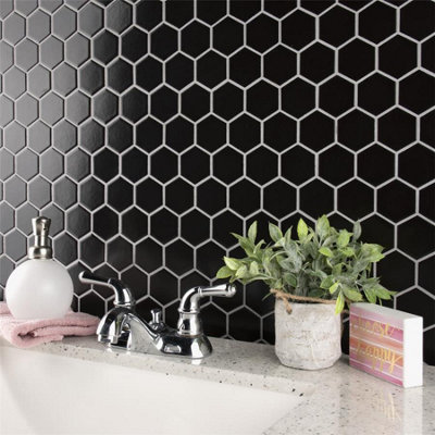 Top Ceramics Black Hexagon Mosaic Tile Satin (L)320 x (W)270mm