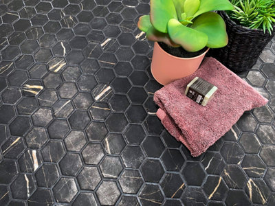Top Ceramics Black Marble Effect Hexagon Mosaic Tile Matt (L)330 x (W)298mm Price Comparisons | Compare The Build
