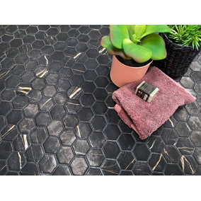 Top Ceramics Black Marble Effect Hexagon Mosaic Tile Matt (L)330 x (W)298mm