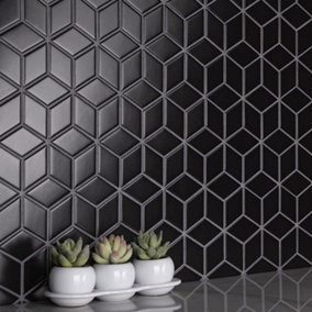 Top Ceramics Black Rhombus Mosaic Tile Satin/Matt (L)310 x (W)265mm