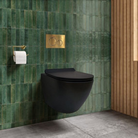 Top Ceramics Black Round Wall Hung Rimless Toilet with Soft Close Seat and 1.12m Cistern Frame