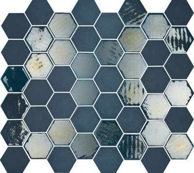 Top Ceramics Blue Hexagon Mosaic Tile Mix. High Gloss / Matt (L)330 x (W)298mm
