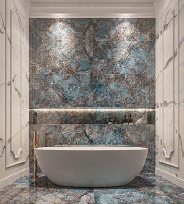 Top Ceramics Blue Marble Effect Tiles High Gloss Floor & Wall Porcelain Tile (L)120cm x (W)60cm Each box 1.44sqm