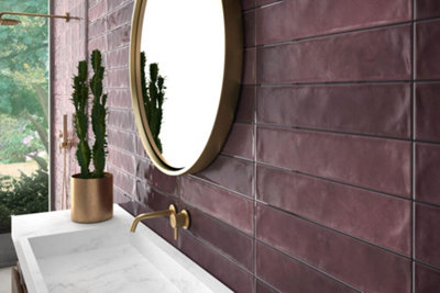 Top Ceramics Dark Pink Burgundy Gloss Metro Ceramic Wall Tile Flat Bumpy (L)530mm x (W)107mm Each box 0.85sqm