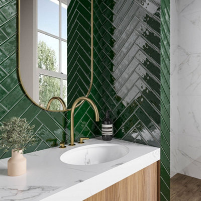 Top Ceramics Forest Green Gloss Flat Bumpy Metro Ceramic Wall Tile (L)300mm x (W)75mm Each box 1sqm