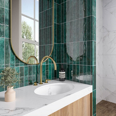 Top Ceramics Green Gloss Flat Bumpy Metro Ceramic Wall Tile (L)300mm x (W)50mm Each box 0.5sqm